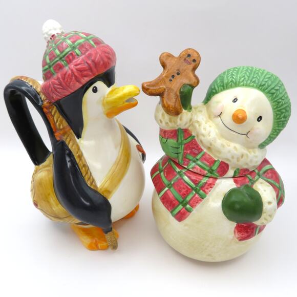 BICO Snowman and Penguin Cream and Sugar Set Christmas Ceramic Winter Serveware - Picture 3 of 14